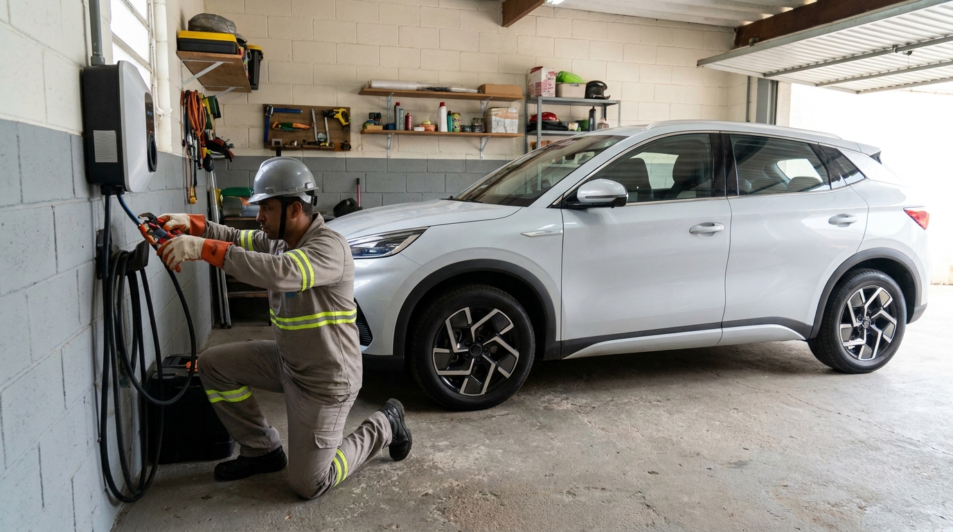Eletricista instalando carregador de carro eletrico em Vitória da Conquista‑BA