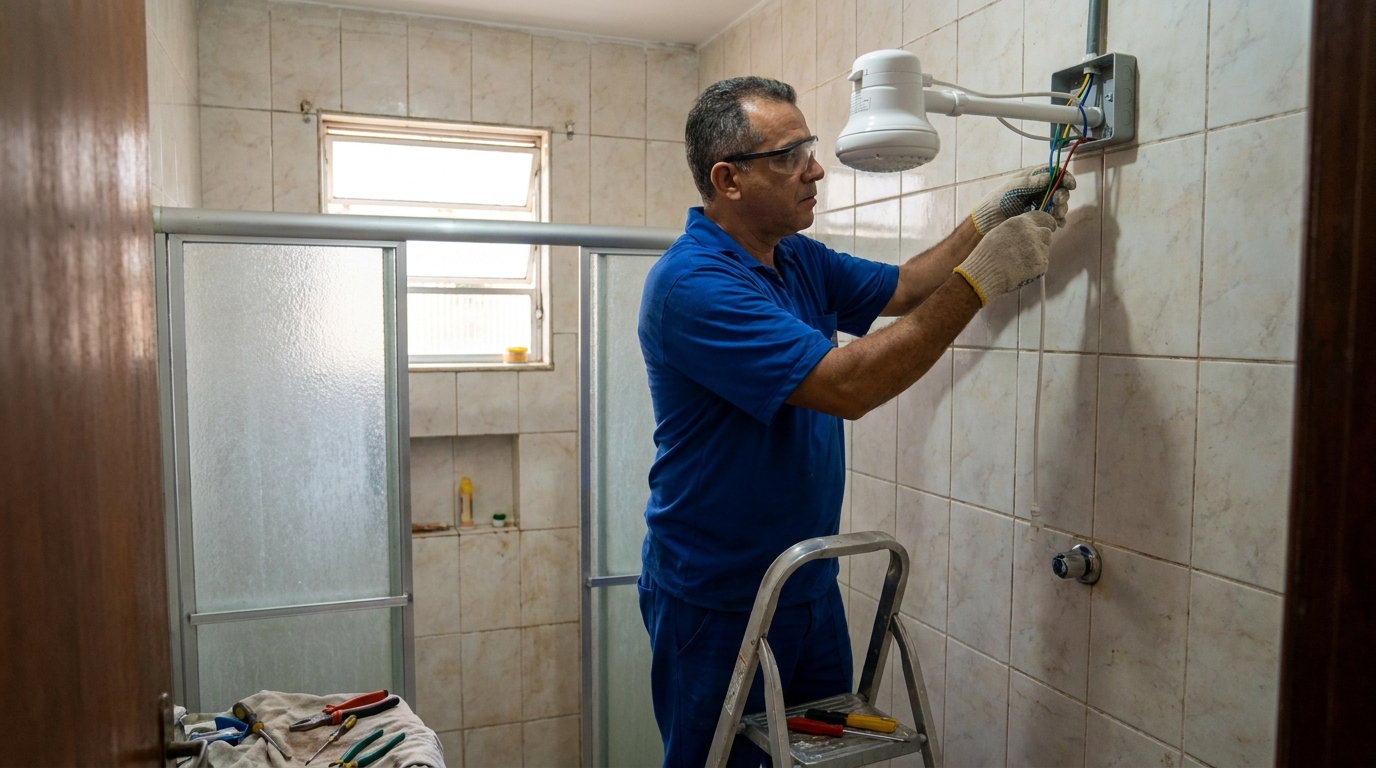 Eletricista instalando chuveiro eletrico em Vitória da Conquista‑BA
