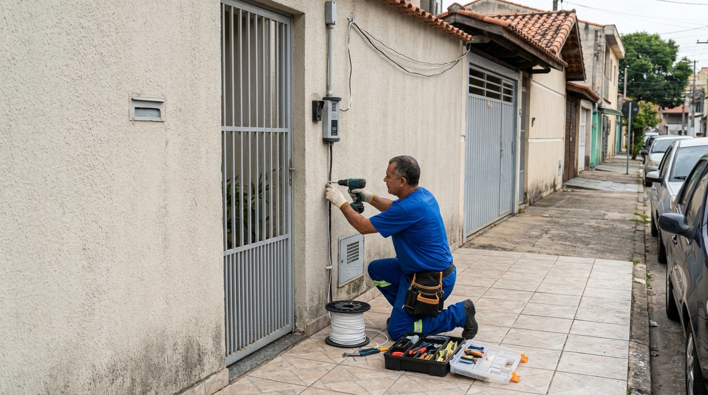 Eletricista instalando interfone em Vitória da Conquista‑BA