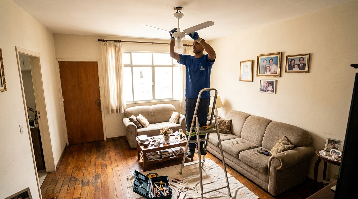 Eletricista instalando ventilador de teto em Vitória da Conquista‑BA